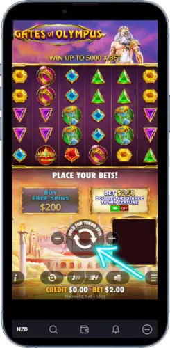 Slot interface with play button and active reel layout on mobile