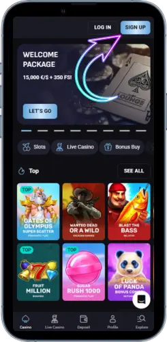 Casino home screen with Sign Up button highlighted on mobile interface